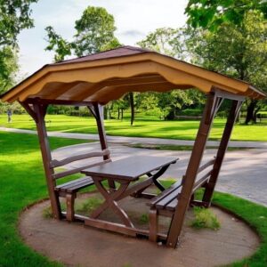 Mobilier Urban - Masa cu 2 banci din lemn cu acoperis